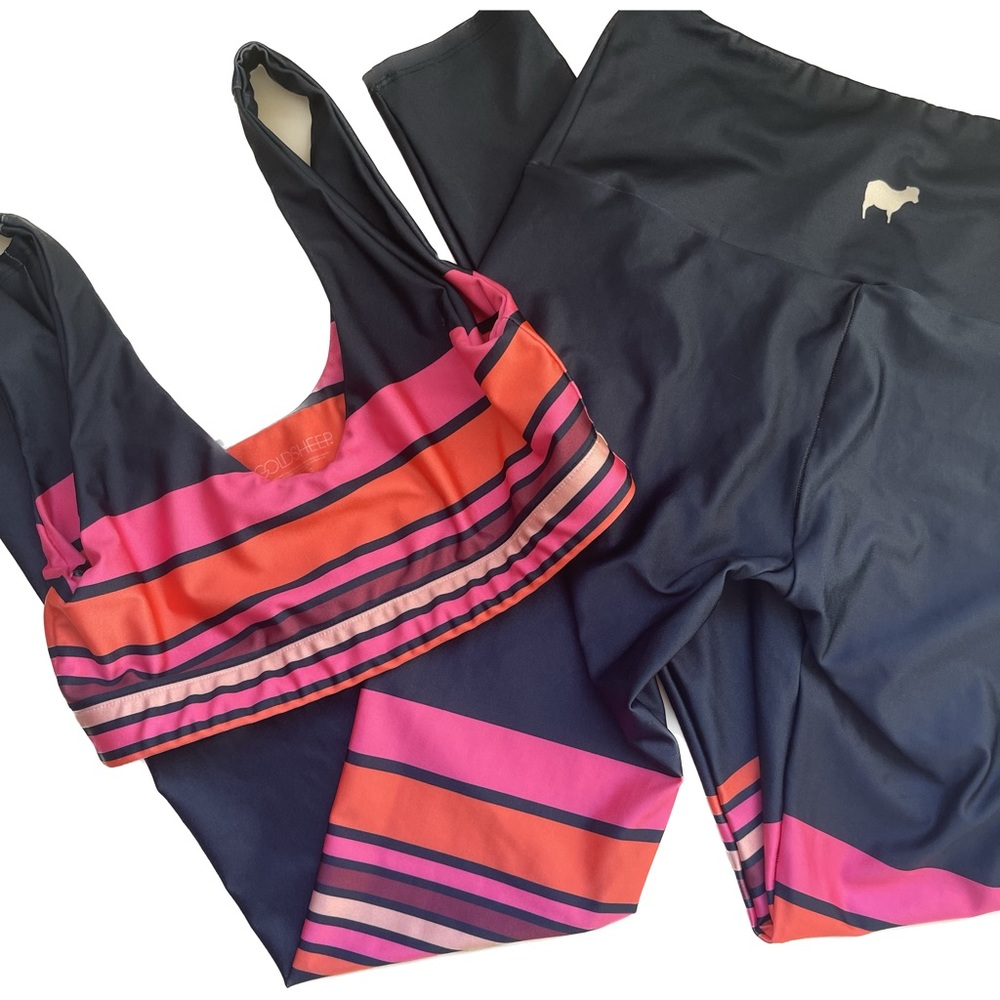 Goldsheep Set Bra and Leggings Navy with Pink Stripes Size M